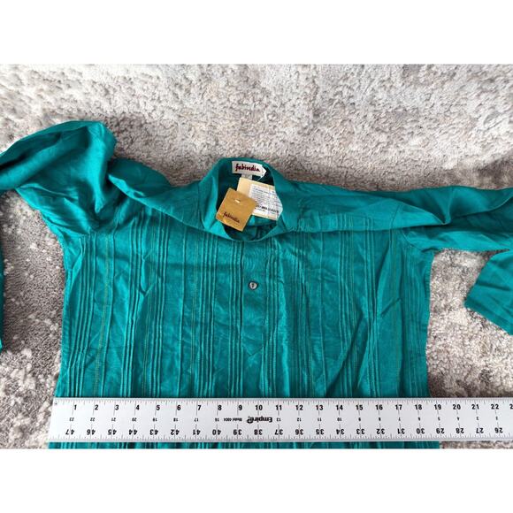 Fabindia Sz XS Slim Fit Silk Viscose Blend Striped Button Shift Midi Dress Teal - Picture 5 of 9